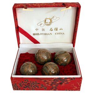 Shiloushan Baoding Balls 4 Piece Marble Stone Chinese Health Embroidered Red Box